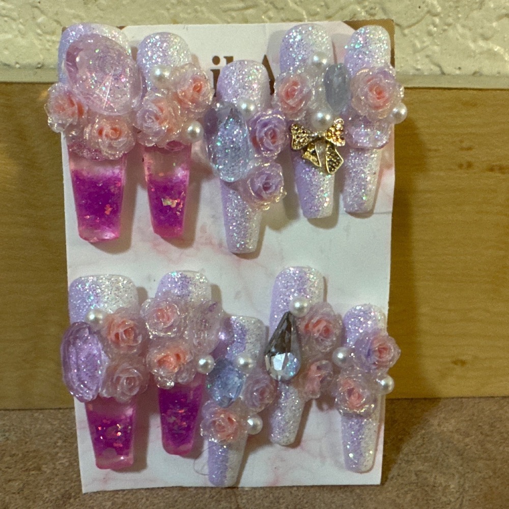 Water Nail 3D Floral Press On Nails Lavender Pink Glitter Rhinestone Pearl 10pc